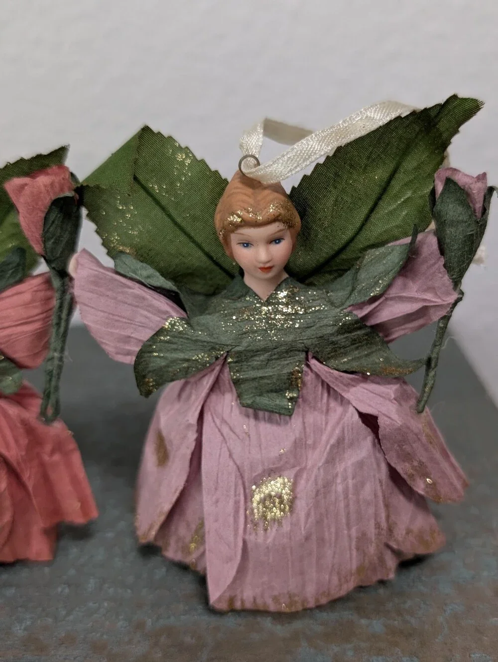 Set of 3 Flower Fairy Doll Ornaments Paper-Crepe Wings Cottagecore Cotton Body